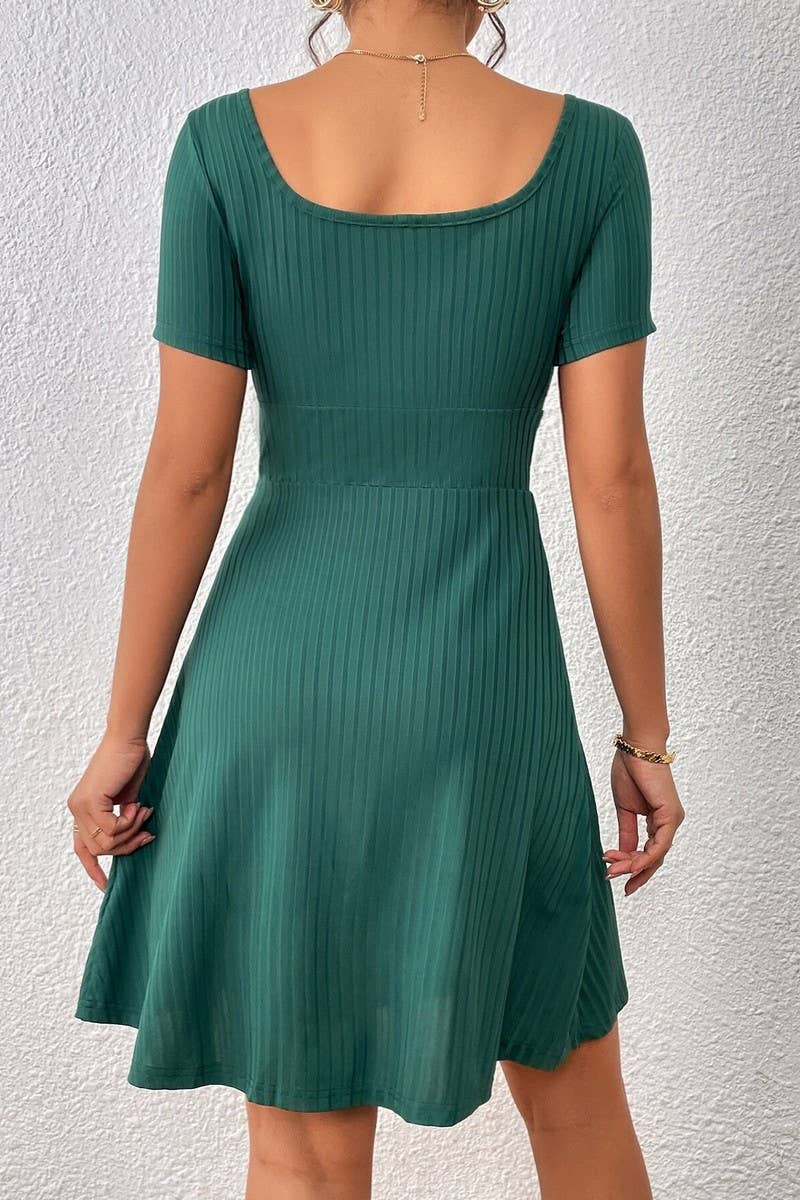 CWDSD10532_NEW SUMMER SQUARE NECK SOLID COLOR DRESS