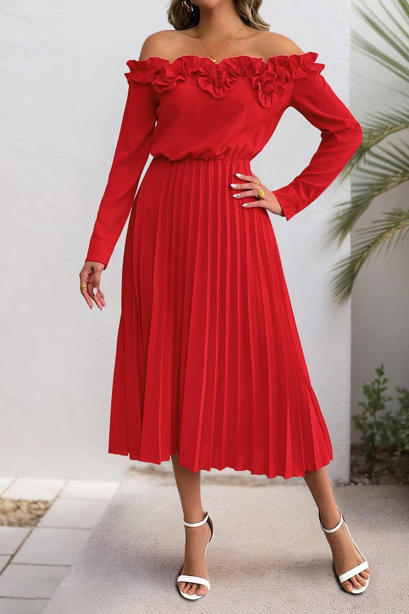 CWDMD6284_SOLID COLOR OFF-SHOULDER LONG SLEEVE DRESS