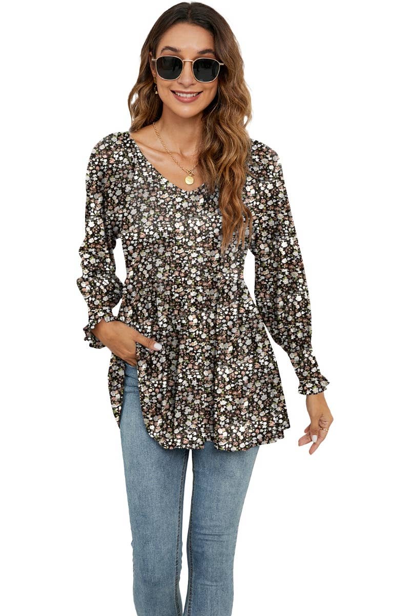 CWTBLL2935_FALL FLOWER BOUQUET WAIST PUFFY SLEEVE TOP
