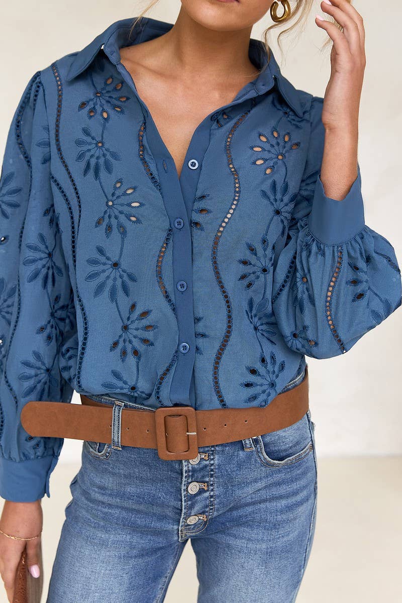 CWTSTL01000_CASUAL LOOSE HOLLOW OUT PUFF SLEEVE  TOP