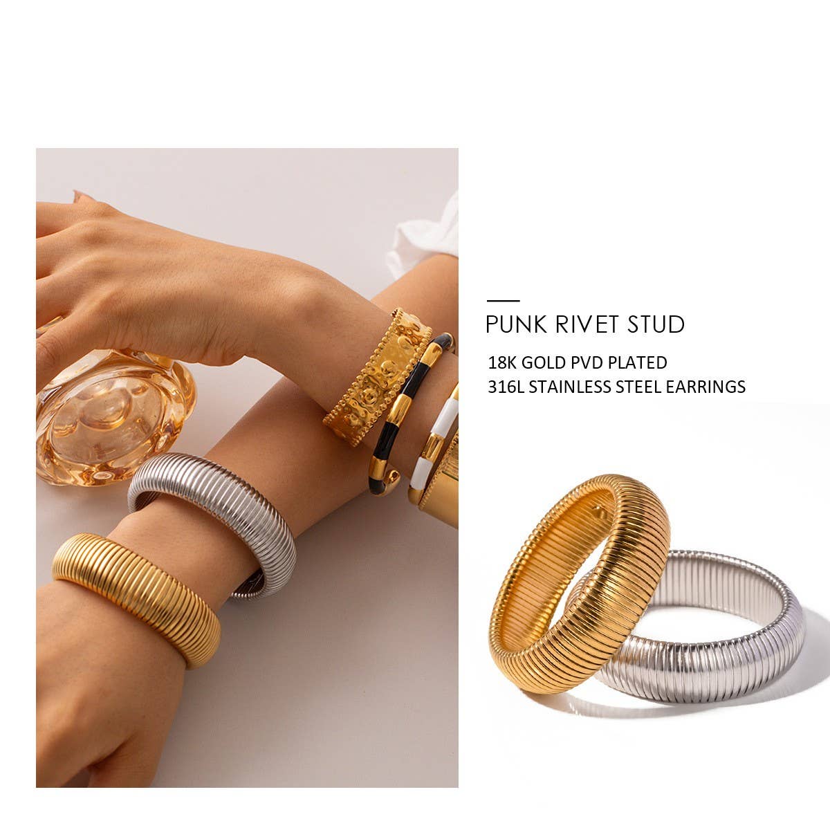 Chic Wide Snake Chain Bangle in Gold &Silver Steel