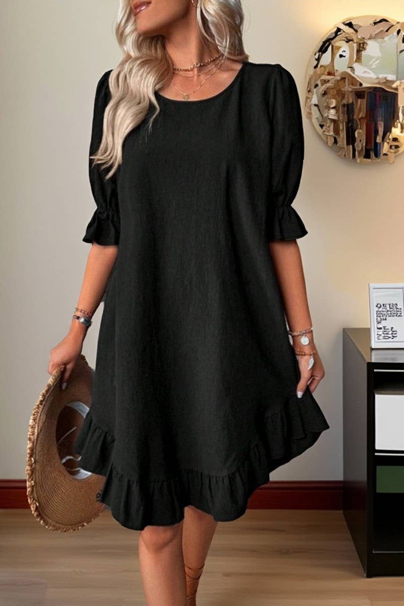 CWDSD10874_VINTAGE COTTON LINEN SHORT SLEEVE SWING DRESS