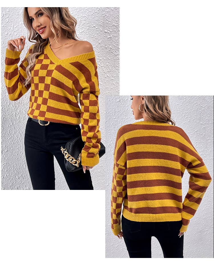 DESIGN SENSE V-NECK SIMPLE STRIPED CHECK SWEATER