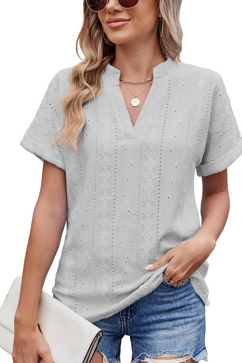 CWTTS1335_SUMMER JACQUARD V-NECK SHORT SLEEVE LOOSE T-SHIRT