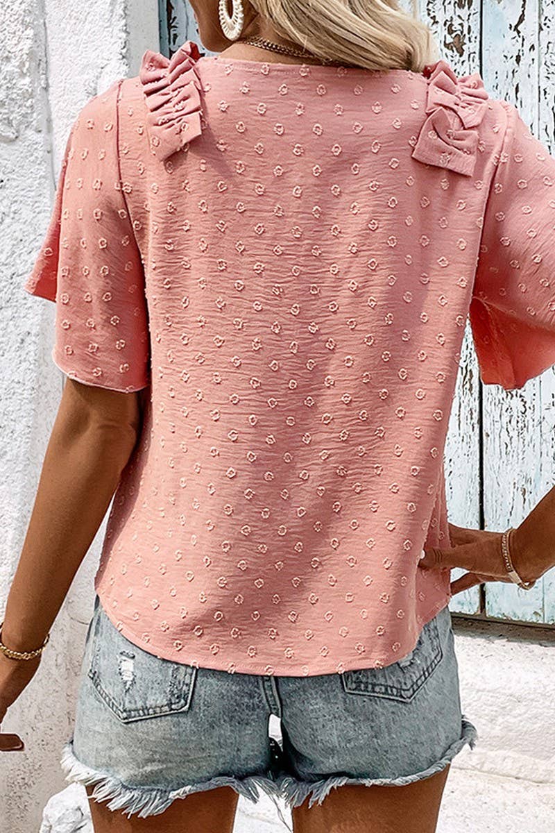 CWTBLS0375_V-Neck Short Sleeve Ruffle Detailed Blouse