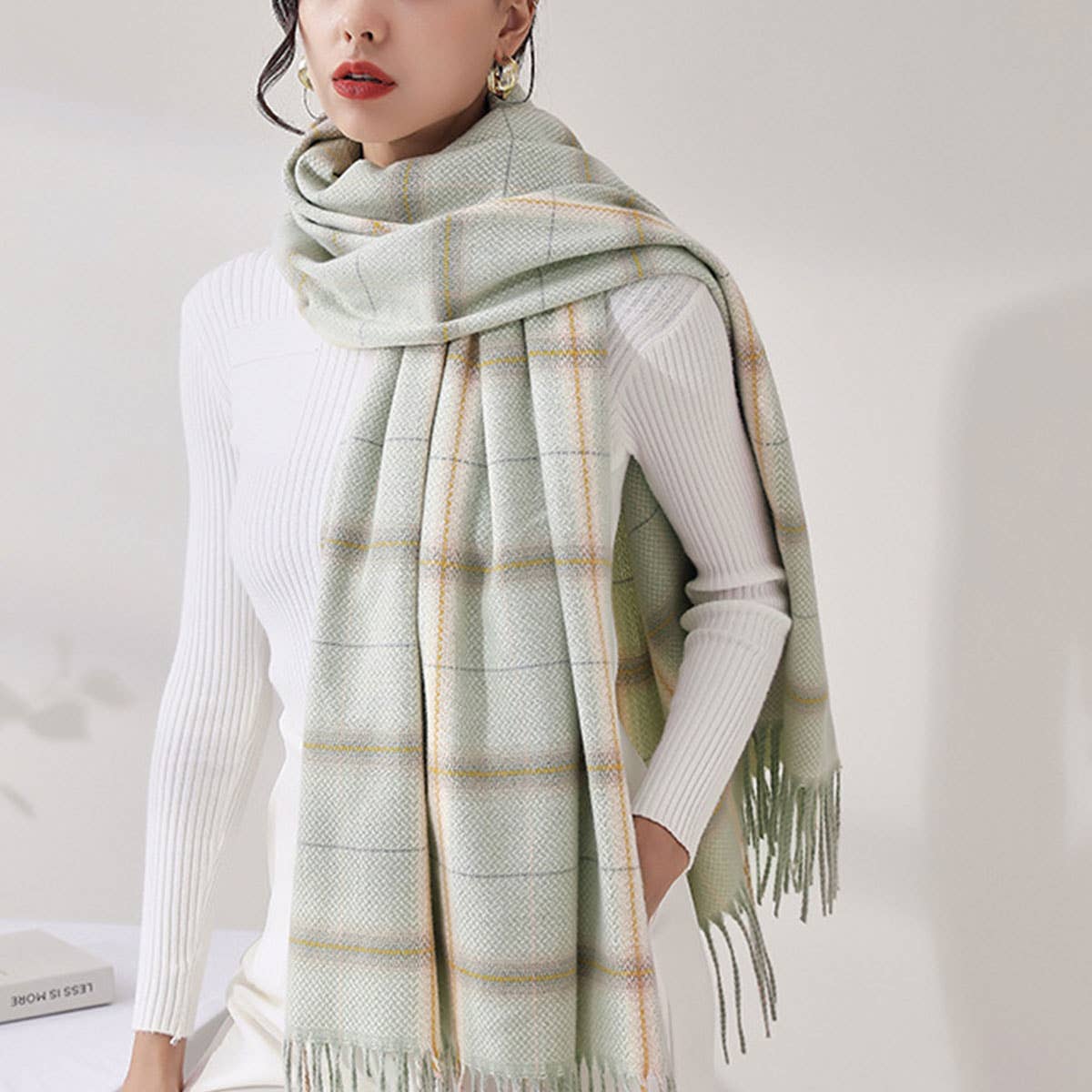Plaid Faux Cashmere Scarf - Tassel Winter Shawl_CWASC0218