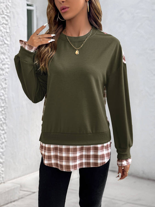 Checkered patchwork round-neck pullover hoodie