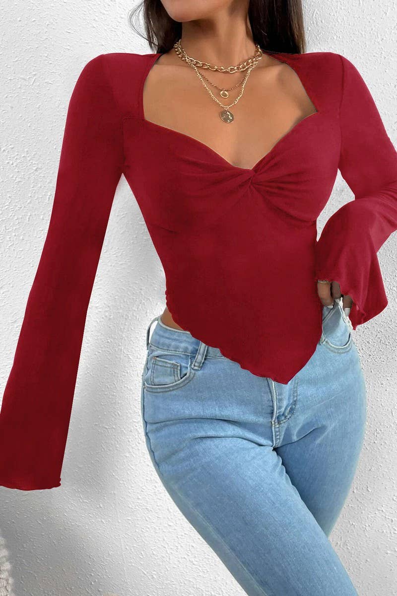 CWTBLL2702_V-NECK FLARED SLEEVES IRREGULAR KNITTED TOP