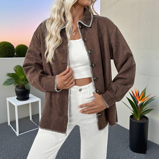 Casual fringed color-blocked lapel loose shirt