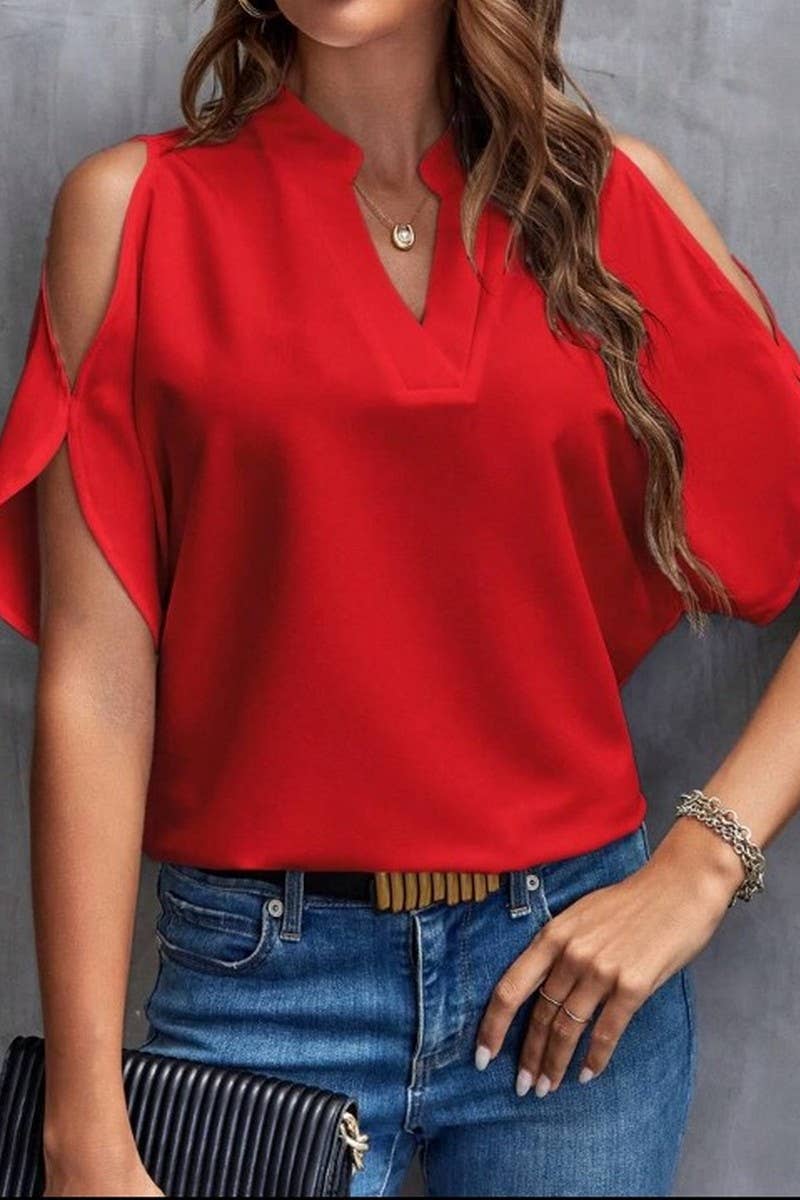 CWTBLS0609_SOLID COLOR V NECK OFF SHOULDER LOOSE CHIFFON TOP