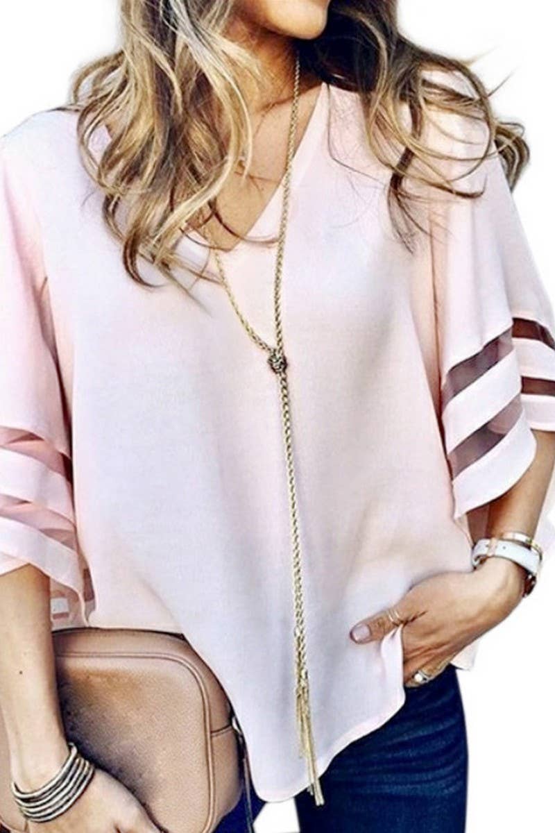 CWTBLS2044_PLUS SIZE LOOSE T-SHIRT FLARED SLEEVE CHIFFON TOP