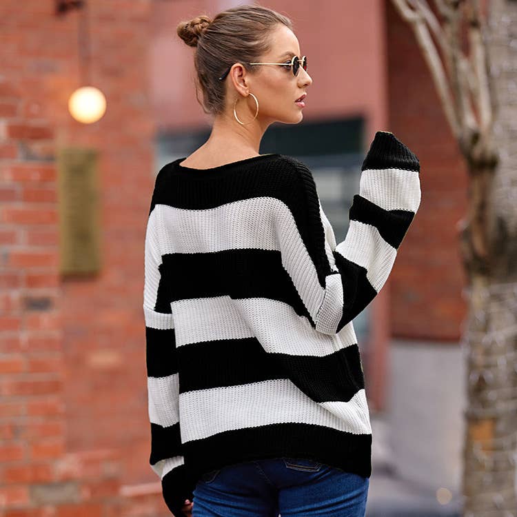 CREW-NECK STRIPED SWEATER WITH ROLLED EDGE - Casual Style