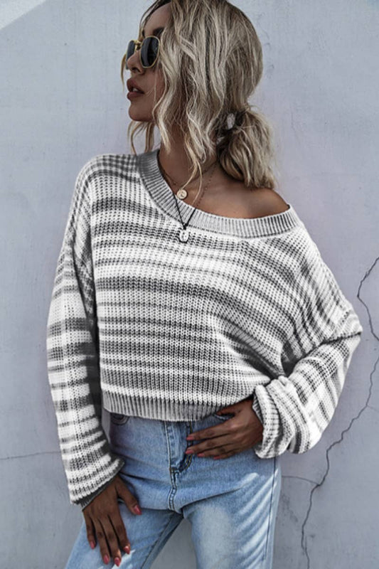 CWOSWL6575_FALL CREW-NECK STRIPED LONG-SLEEVED SWEATER