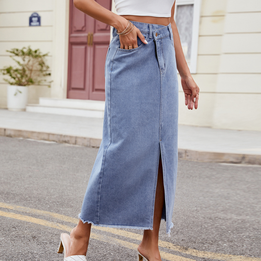 Women?™s Washed Denim Maxi Skirt Asymmetrical_CWJSK0205