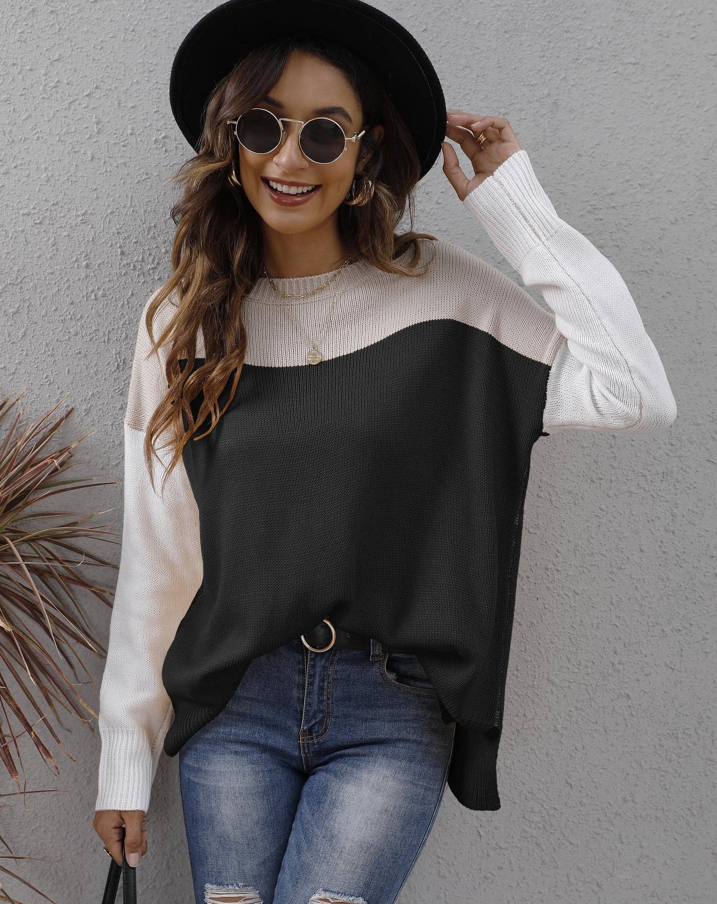 Color contrast patchwork pullover knitted sweater