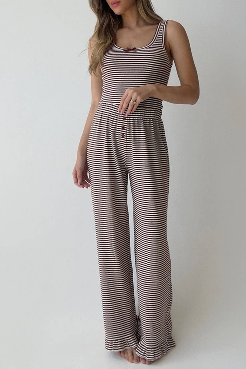 CWSPJ452_STRIPED RUFFLED TWO-PIECE PAJAMAS HOME CLOTHES