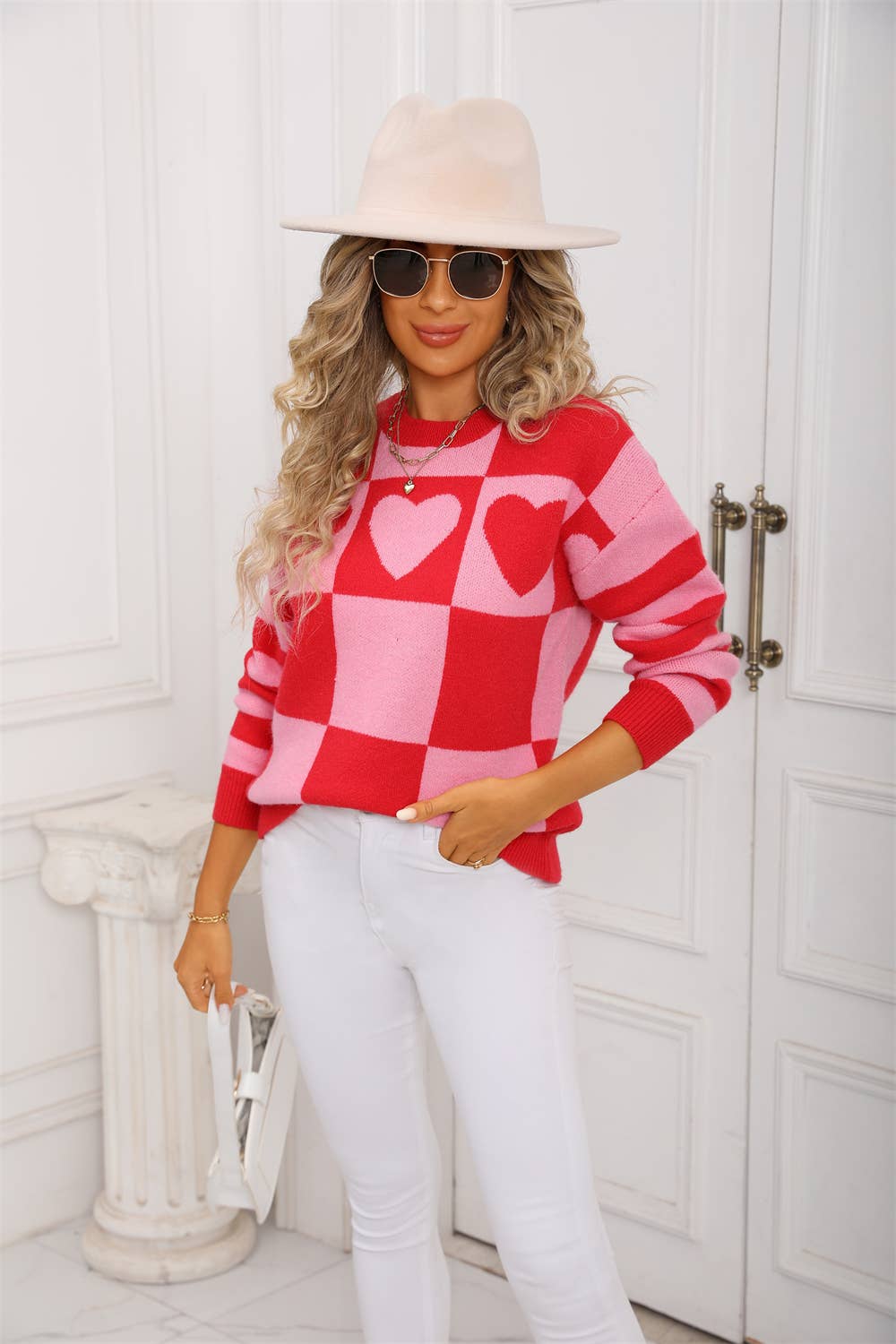 Color check pullover Valentine's Day sweater