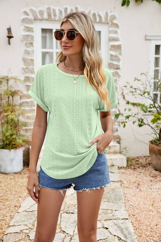 CWTBLS1110_SOLID COLOR CASUAL HOLLOW ROUND NECK TOP