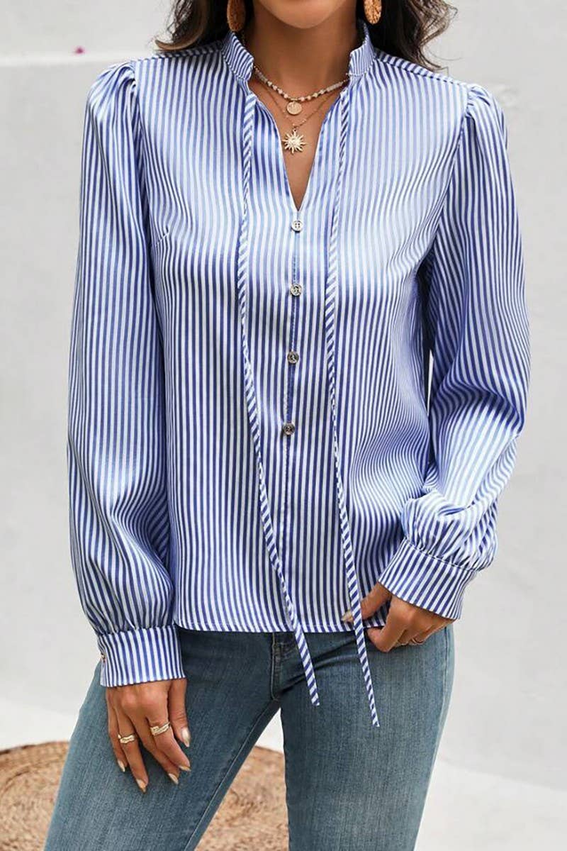 CWTBLL01287_HALF-OPEN COLLAR TIE LONG-SLEEVED STRIPED SHIRT
