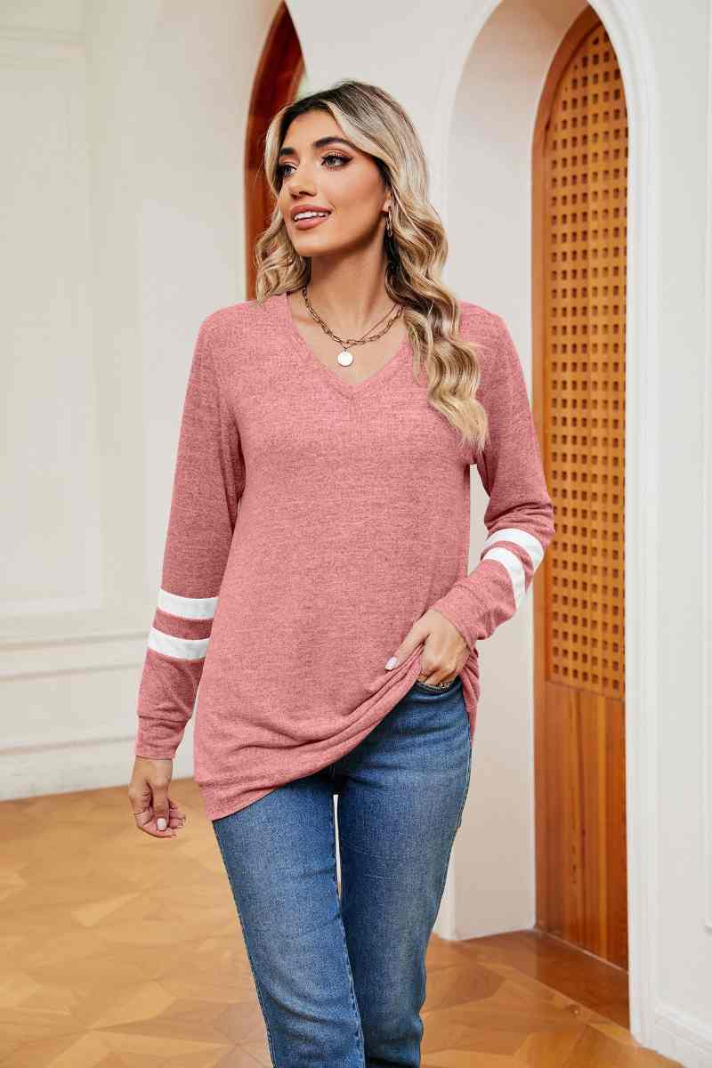 CWOSWL6552_V-NECK LONG SLEEVE STRIPED COLOR MATCHING TOP