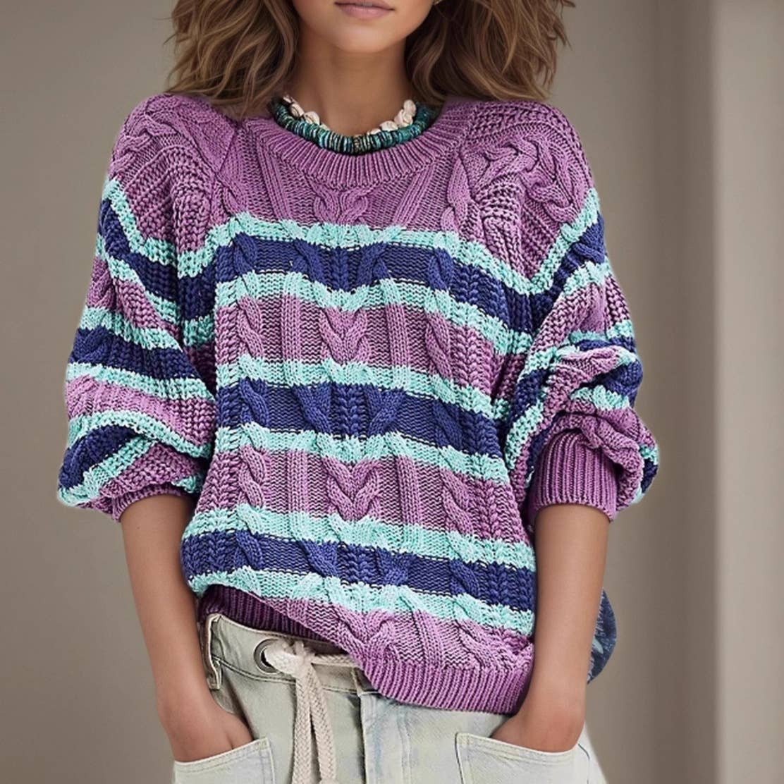 Fashionable striped long-sleeved knitted sweater
