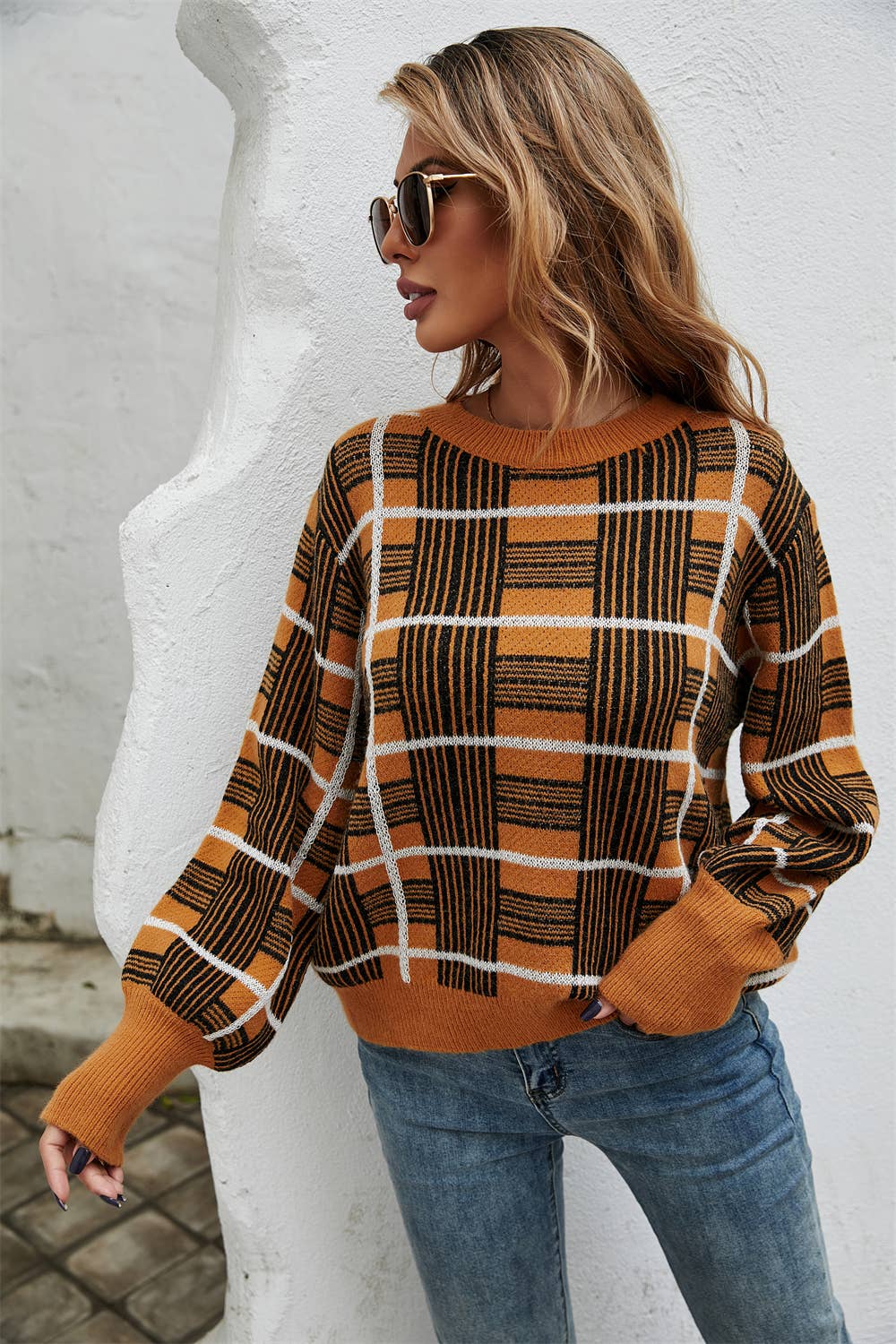 Crew-neck plaid pullover long-sleeved sweater