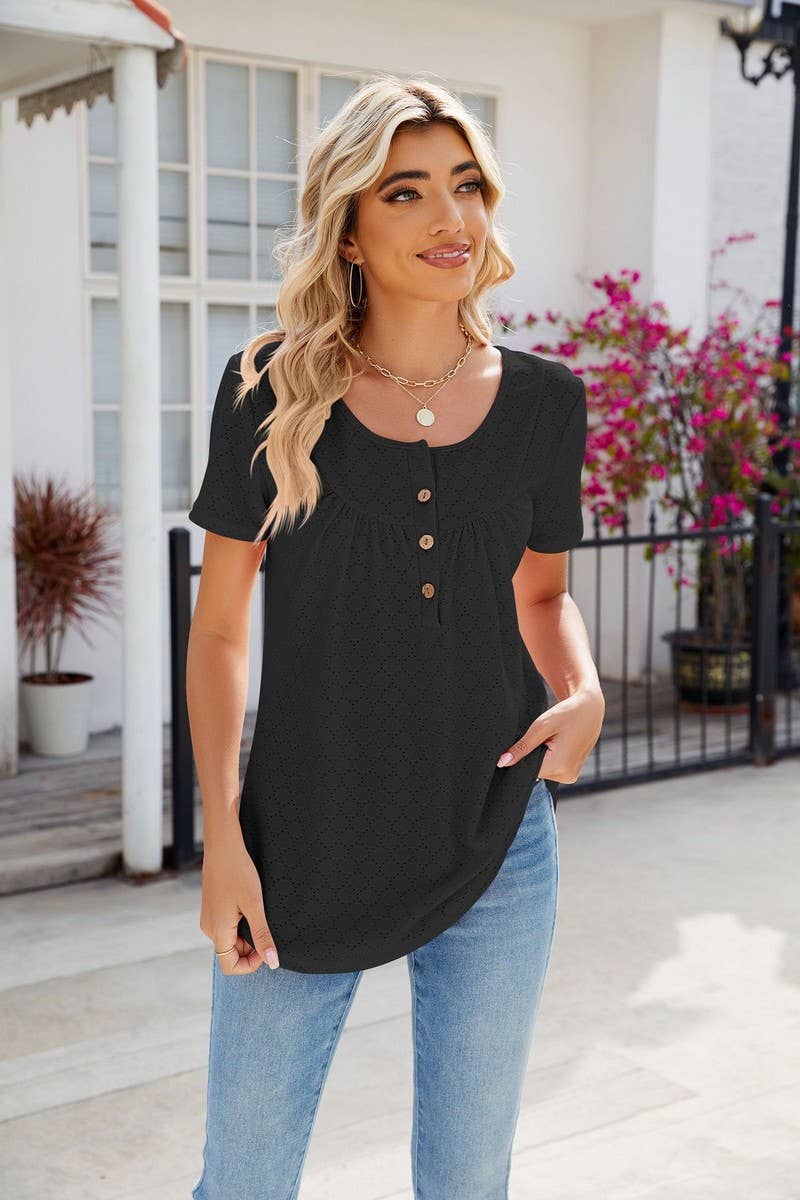 CWTBLS0435_Round Neck Short Sleeve Blouse