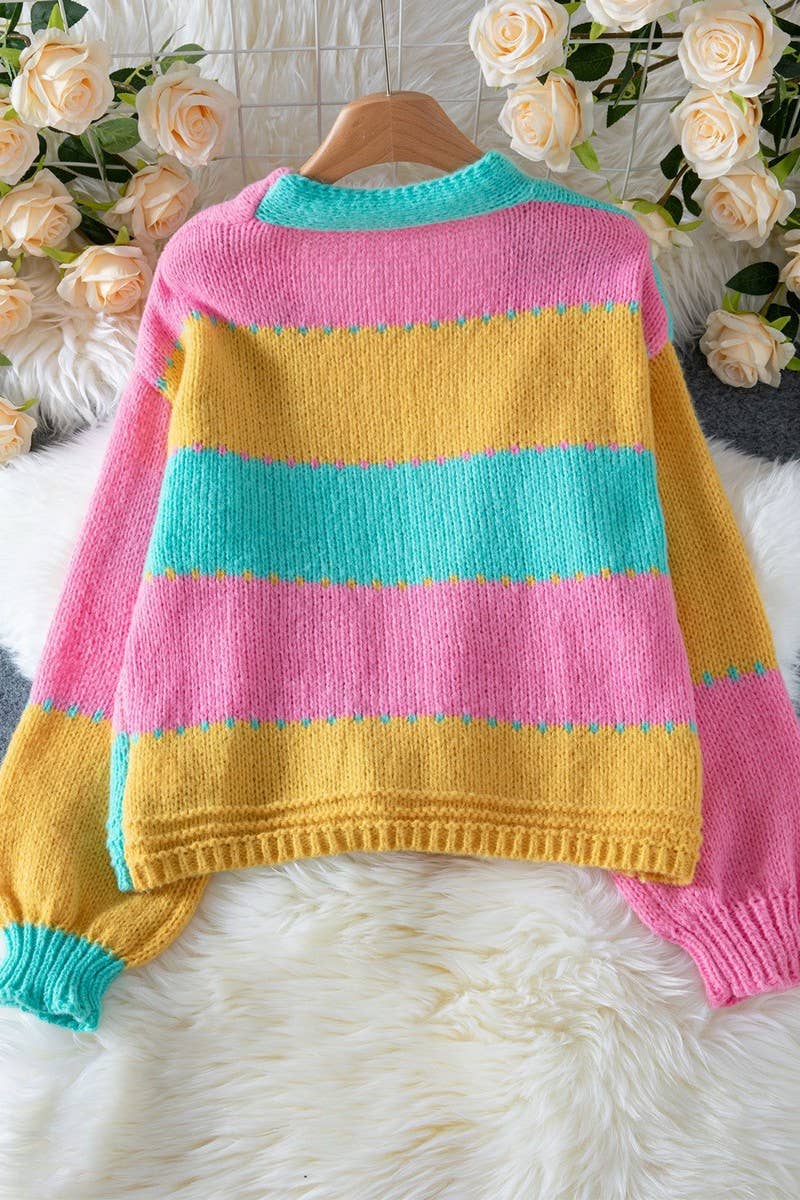 CWOCAL00726_COLORBLOCK LOOSE KNIT CARDIGAN SWEATER