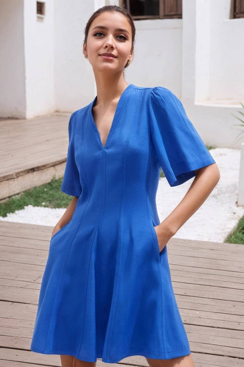 CWDSD8803_V-NECK CUT POCKET A-LINE FLARED MINI DRESS