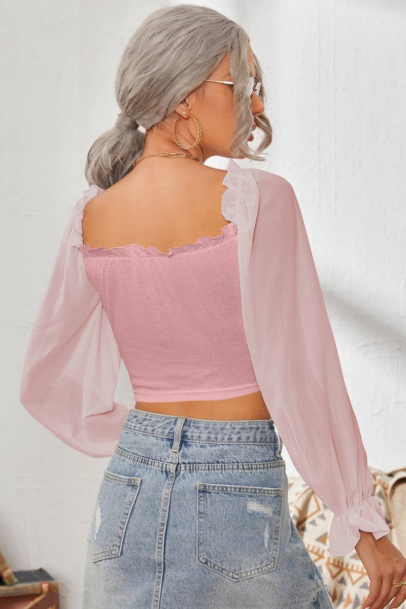 CWTBLL2261_SQUARE COLLAR RUFFLED LONG SLEEVE SHORT TOP