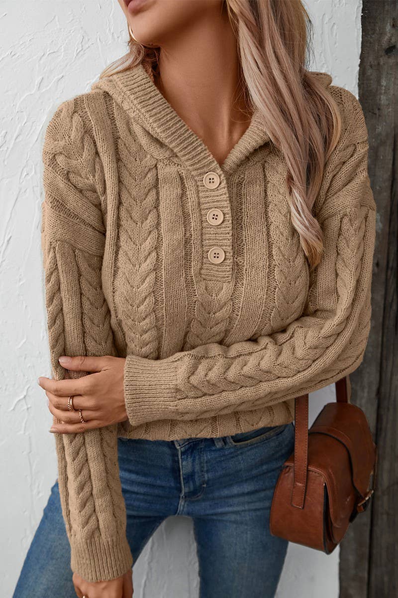 CWOSWL2807_BUTTON CABLE-KNIT HOODED SWEATER