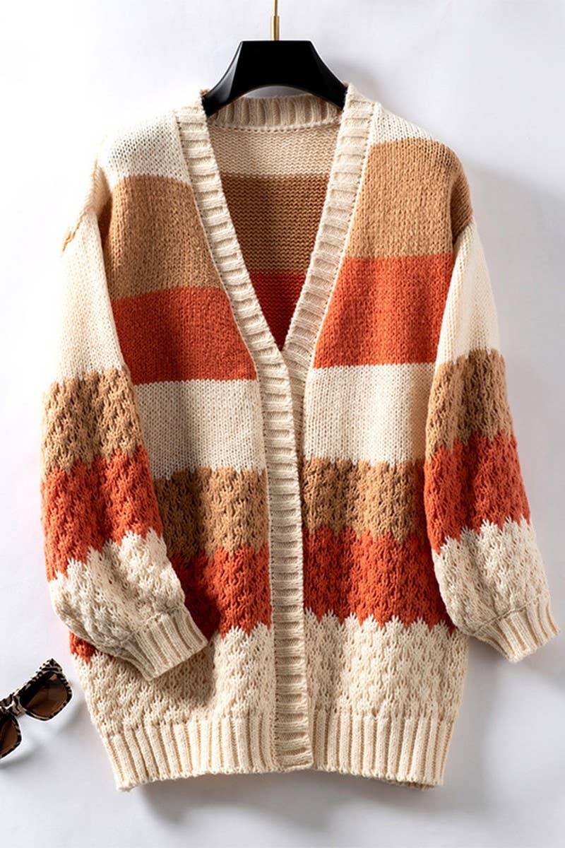CWOCAL0834_CONTRAST COLOR STRIPED KNITTED CARDIGAN