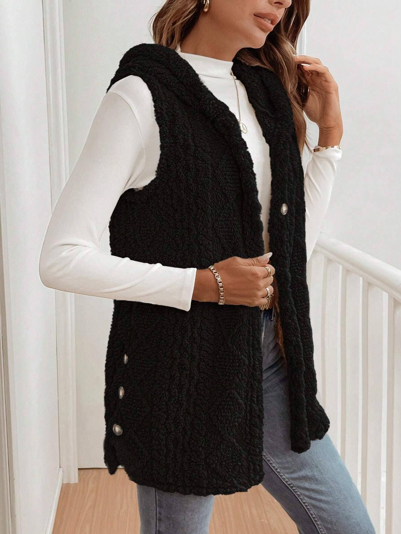Double-sided plush casual hooded cardigan