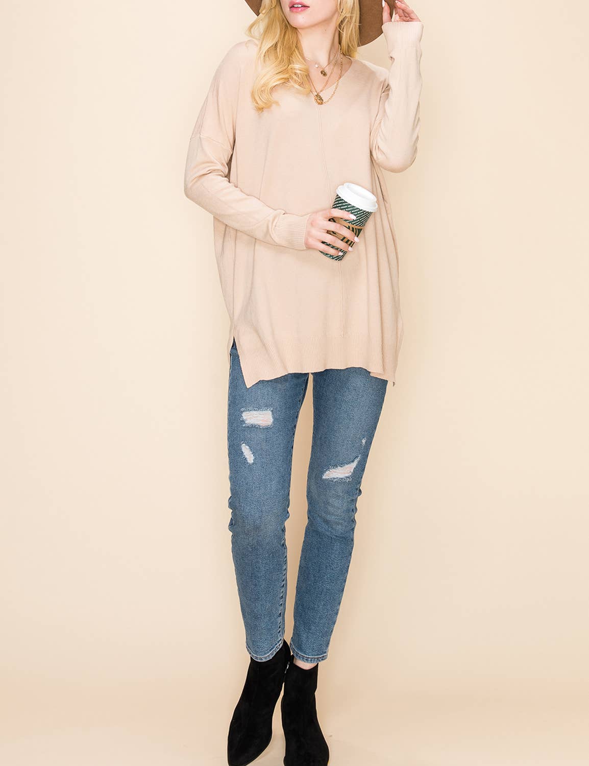 CWOSWL1826_V NECK LOOSE FIT TUNIC LENGTH SOFT SWEATER TOP