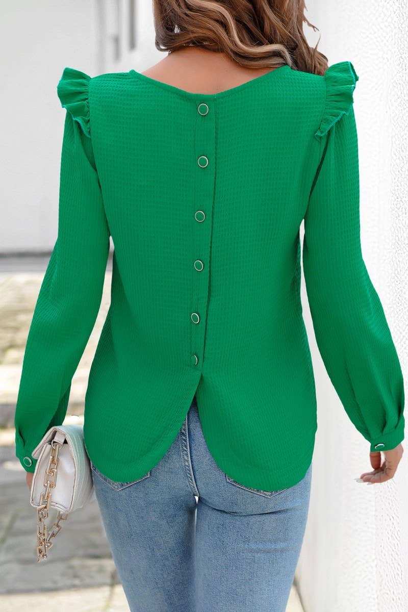 CWTBLL4036_TEXTURED RUFFLE LONG SLEEVE SOLID BLOUSE
