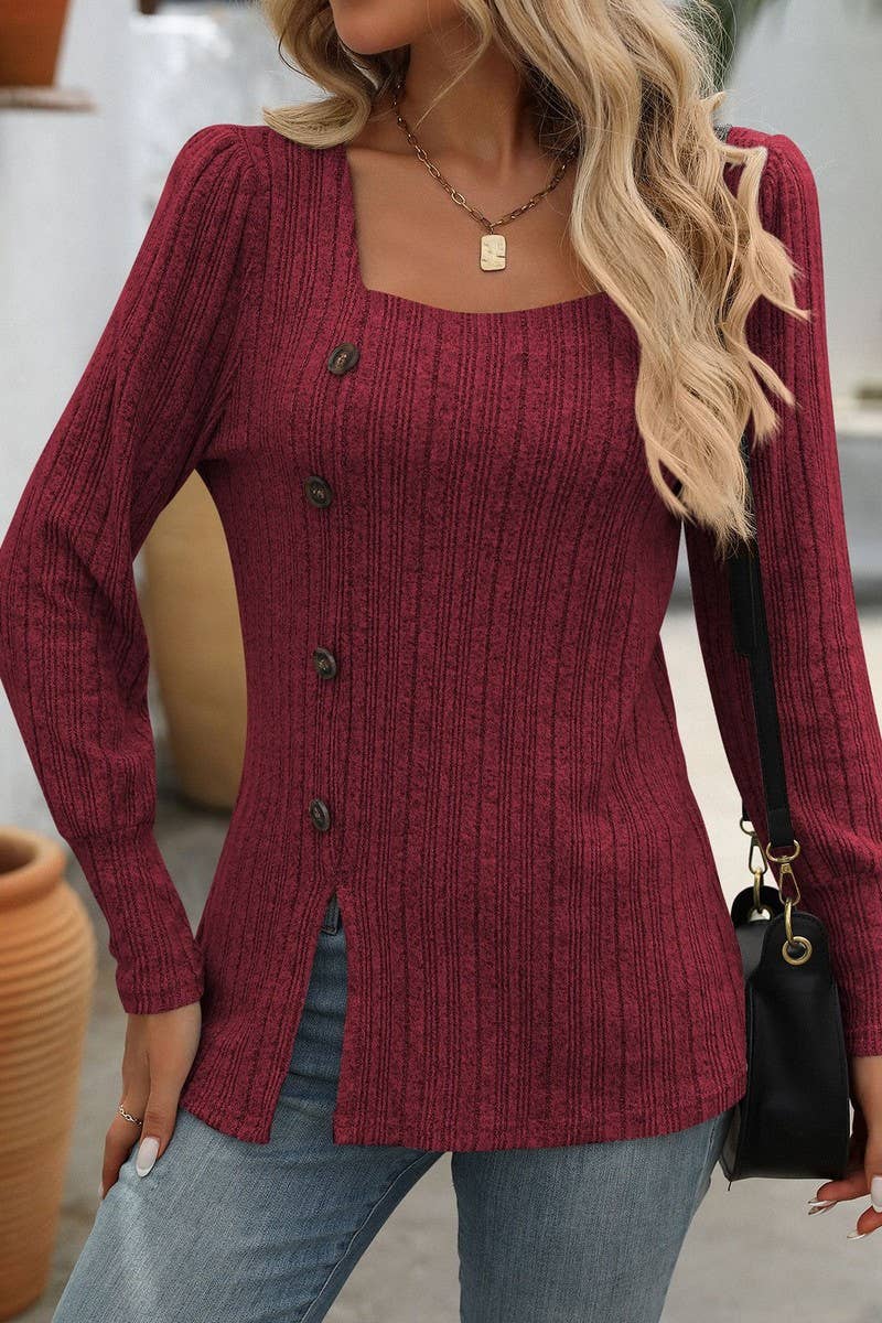 CWTBLL1815_SQUARE NECK RIBBED SOLID COLOR BUTTON TOP