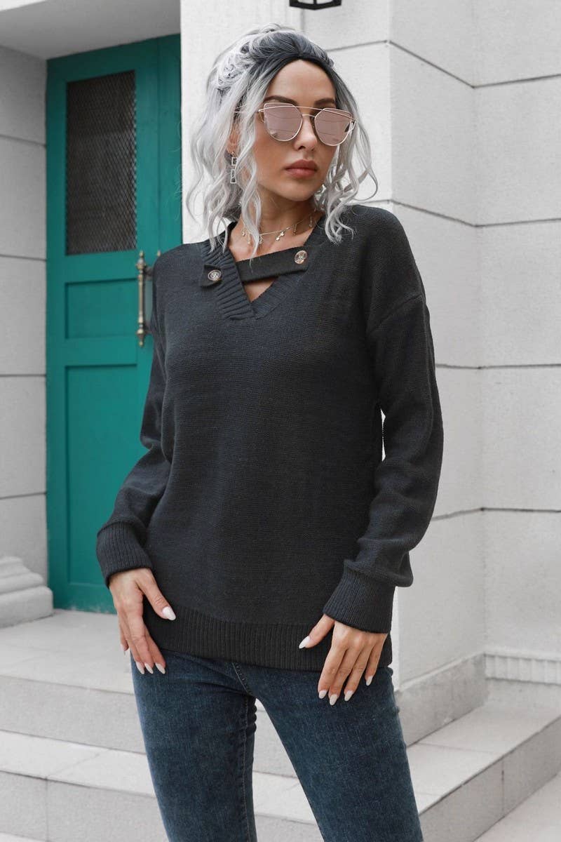 CWOSWL4149_V-NECK BUTTON LOOSE PULLOVER KNIT SWEATER