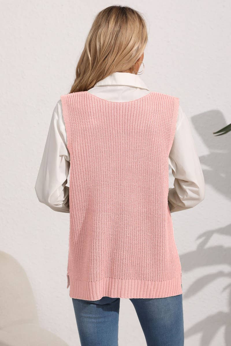 CWOSWL07395_WOMEN¡¯S V NECK KNIT VEST WITH POCKETS