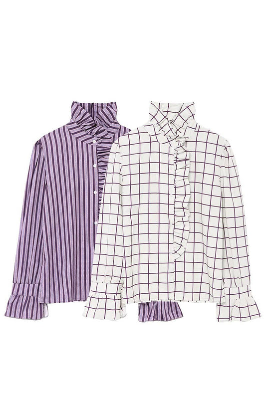 CWTBLL3817_STREET FASHION RUFFLED PLAID LONG SLEEVE SHIRT