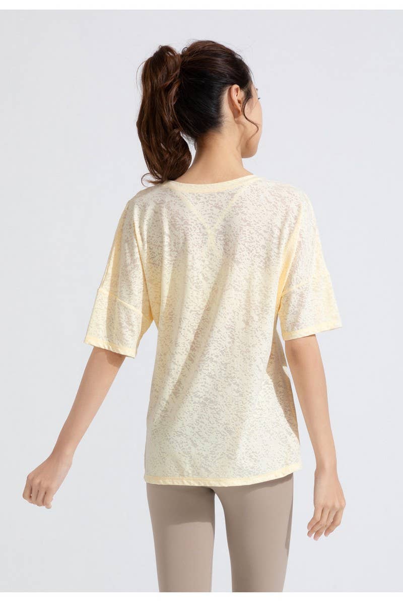 CWTBLS1470_JACQUARD CUTOUT SHORT SLEEVE RUNNING TOP