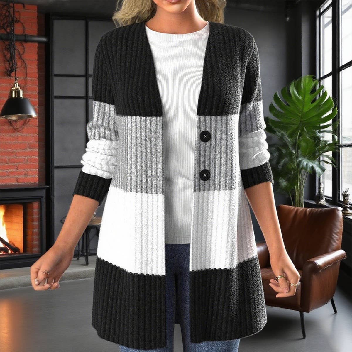 Contrast color splicing two button long cardigan