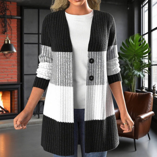 Contrast color splicing two button long cardigan