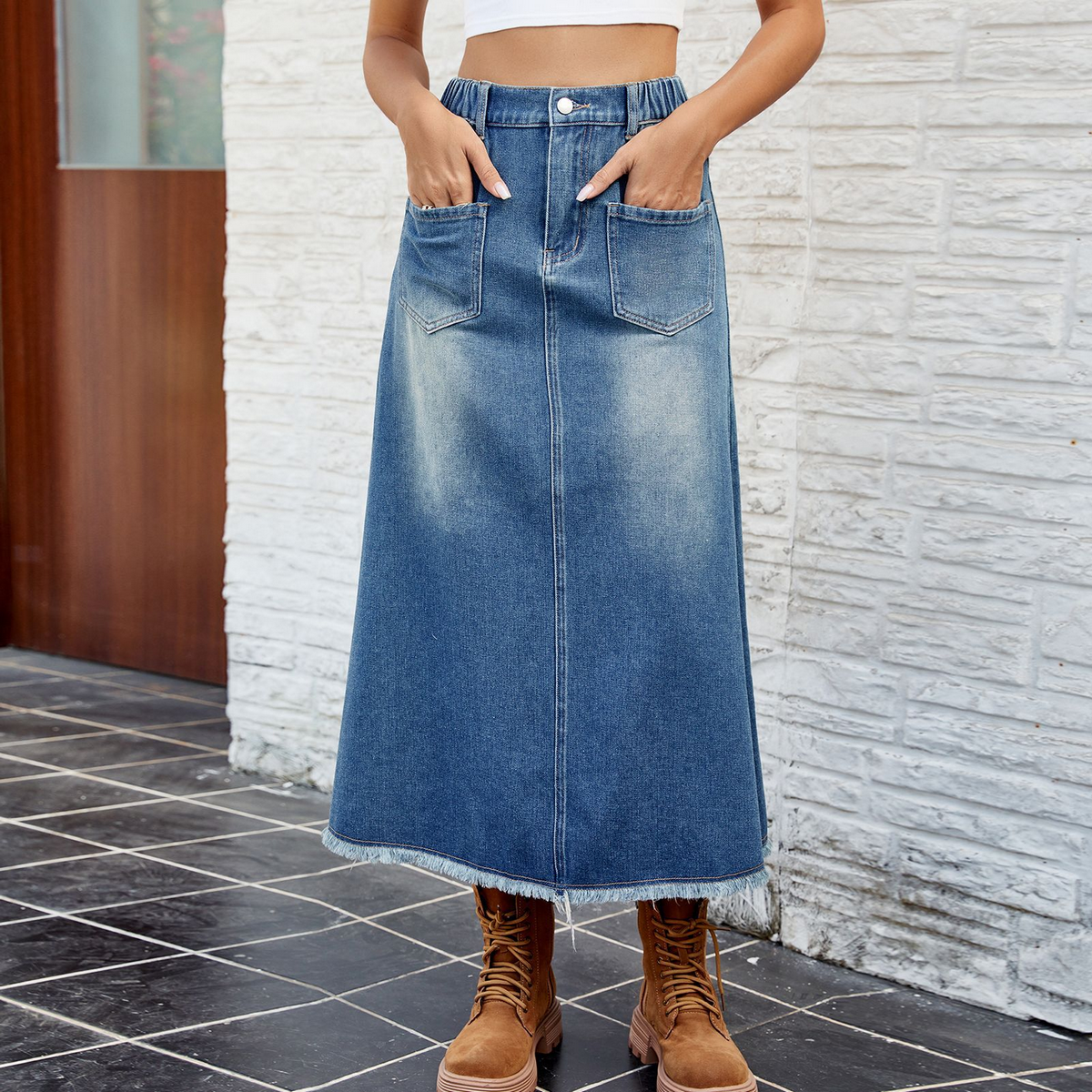 Women?™s Washed Denim Midi Skirt with Raw Hem_CWJSK0199