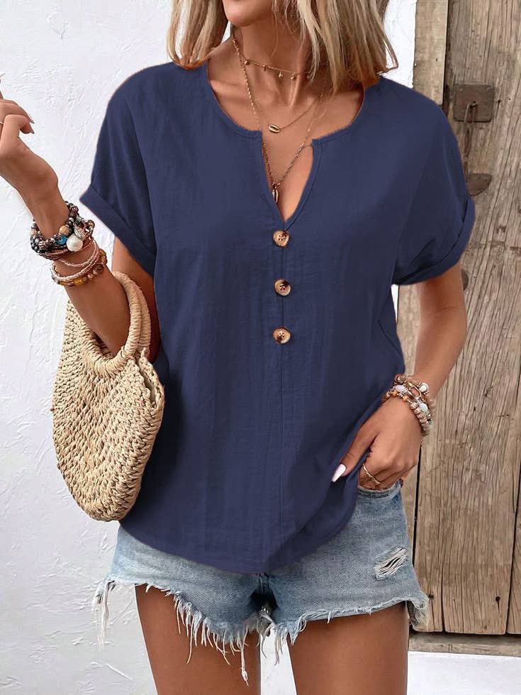 Button V-neck solid-color short-sleeved T-shirt