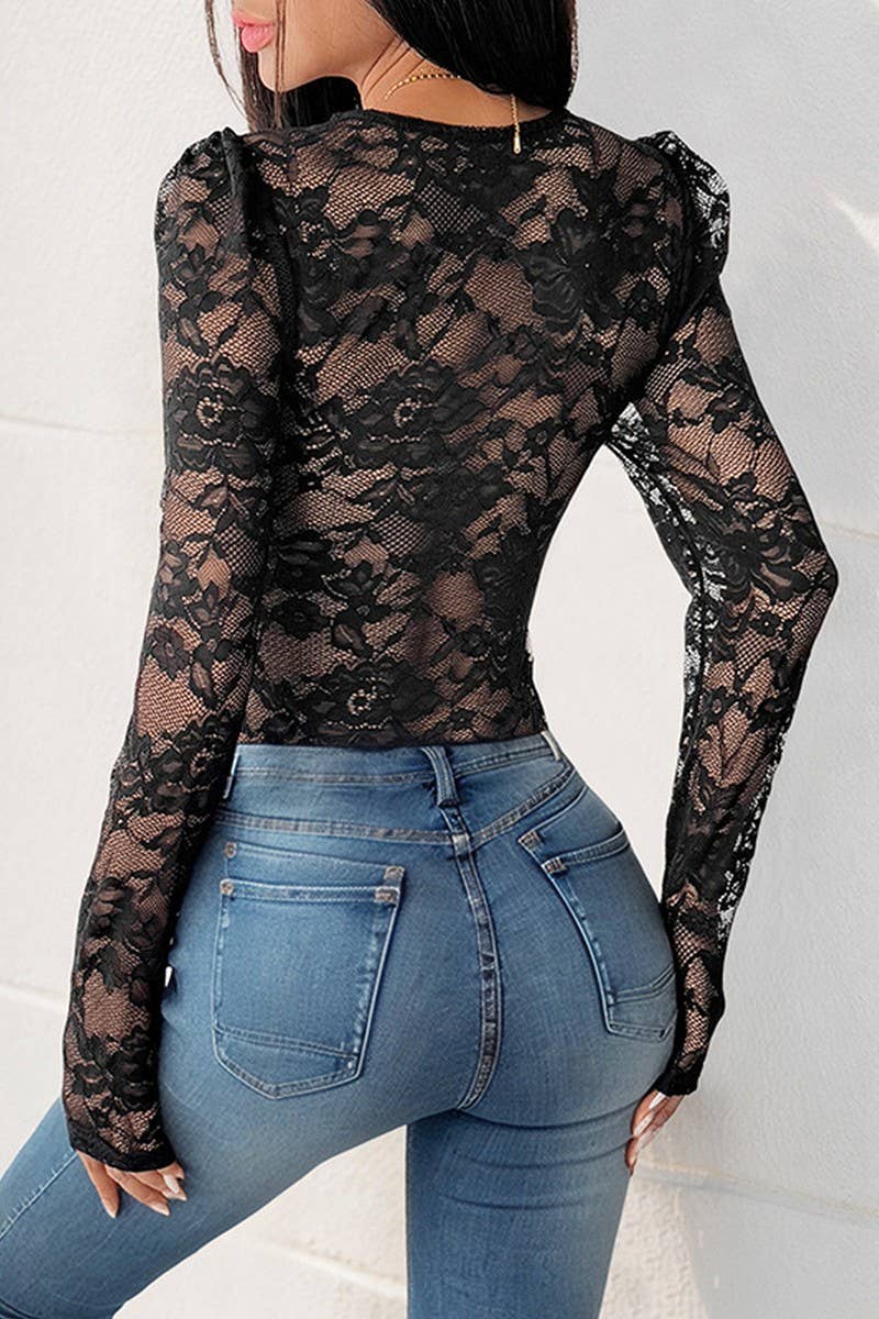 CWSBSL0172_LACE PATCHWORK LONG SLEEVE V-NECK SHEER BODYSUIT