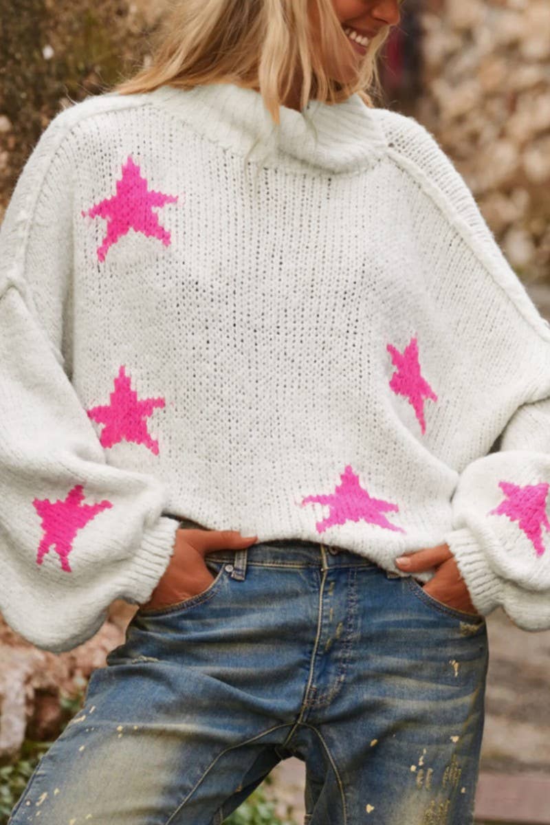 CWOSWL07457_CASUAL LOOSE HIGH NECK STAR PATTERN KNIT SWEATER