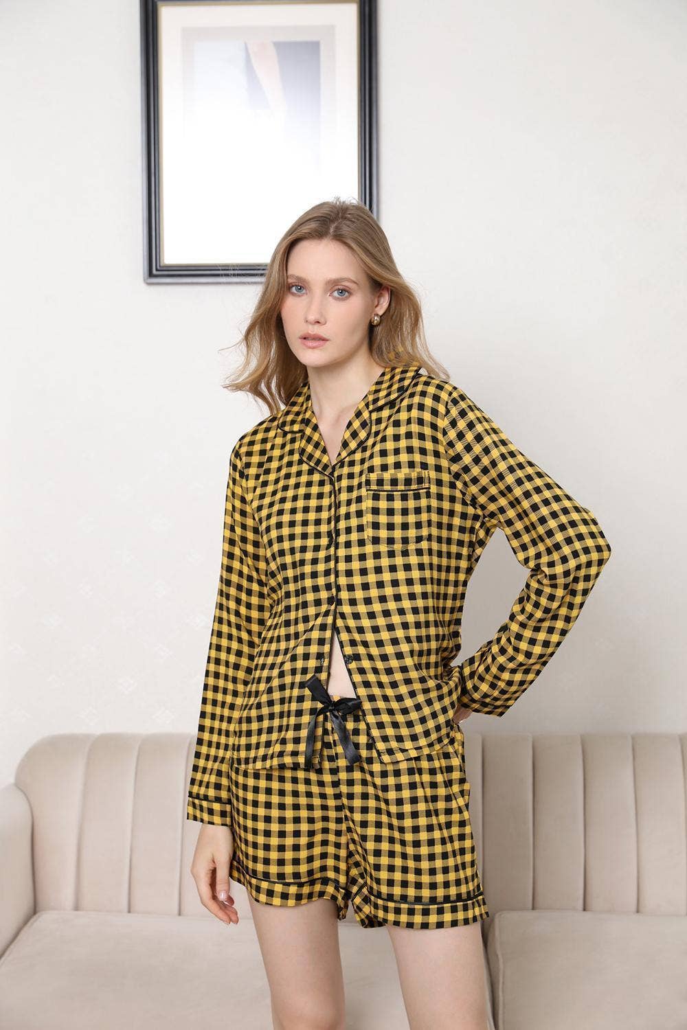 Checked long-sleeved shirt shorts pajama set