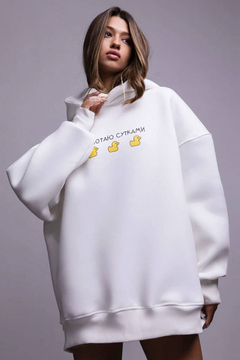 CWOHOL0659_CASUAL DUCK PRINT HOODED LONG-SLEEVED HOODIE