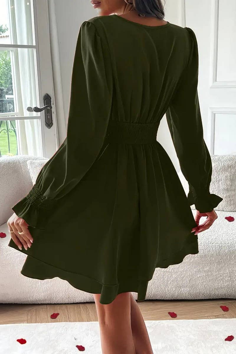 CWDSD8566_SOLID DOUBLE LAYER HEM V-NECK WAIST DRESS