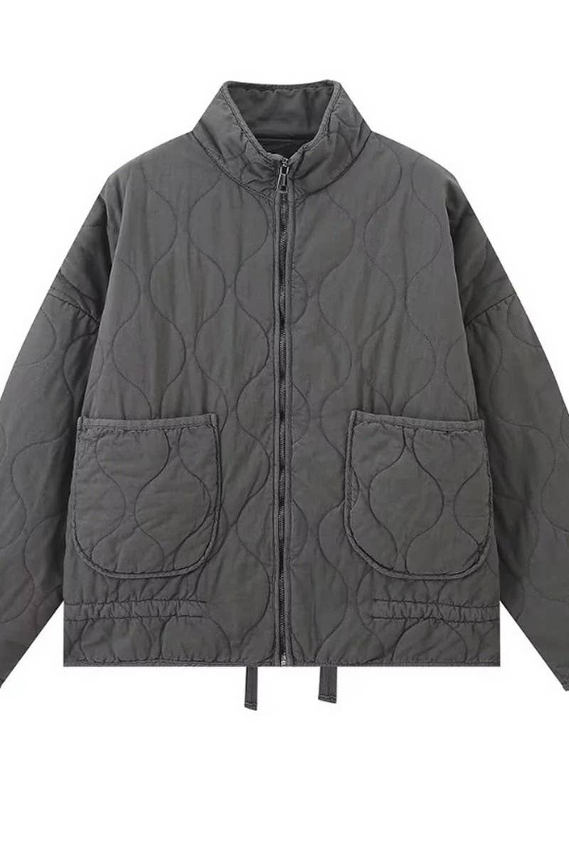 CWOCO1078_STAND COLLAR LARGE POCKET QUILTED COTTON COAT